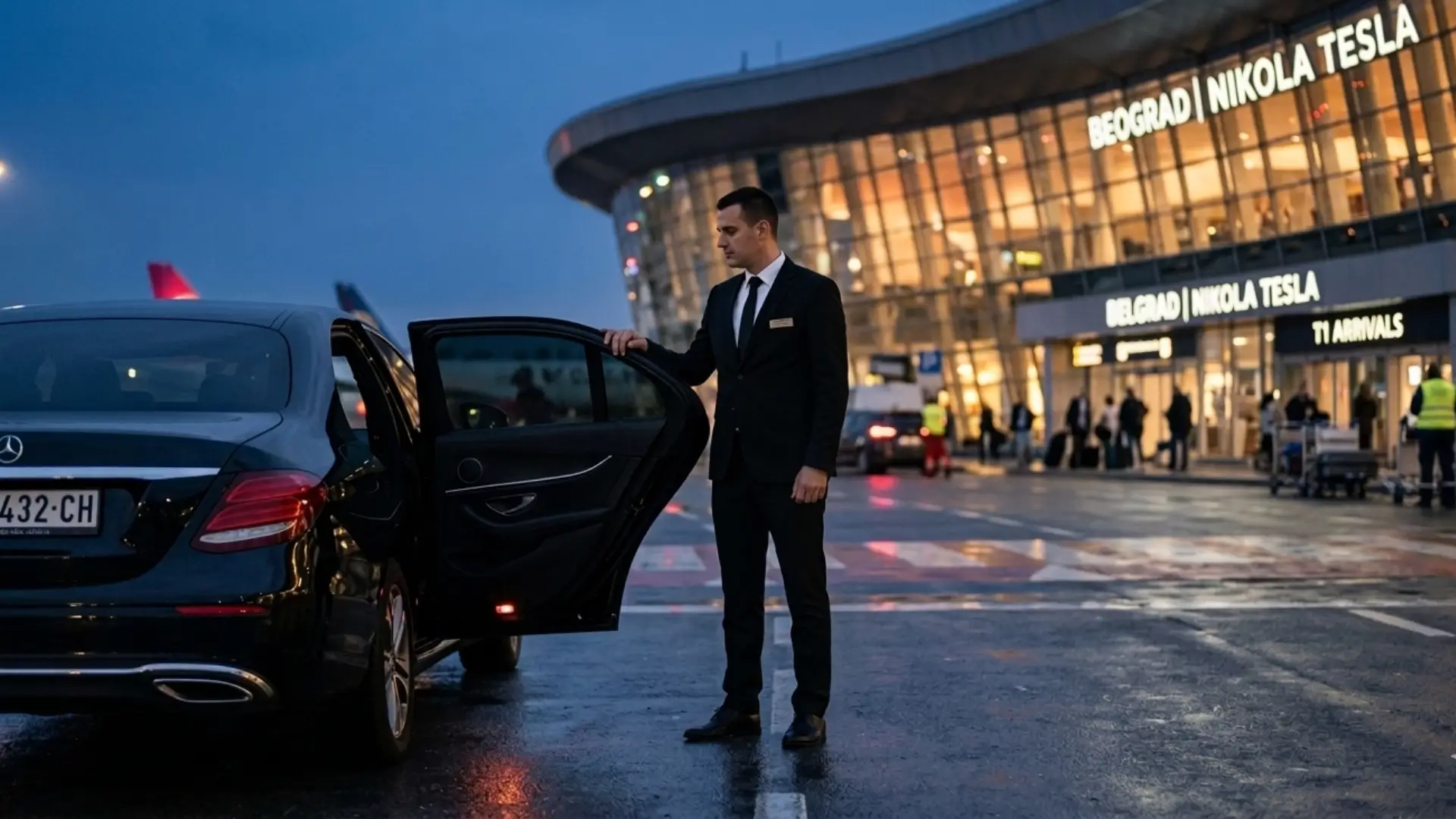Professional chauffeur opening black Mercedes door at Belgrade Nikola Tesla Airport — private transfer service meet and greet