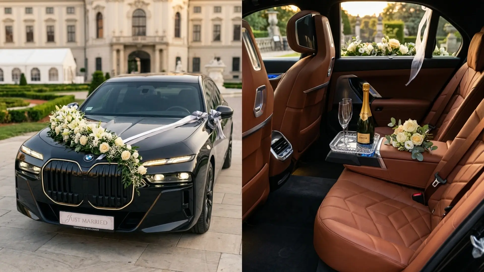Wedding car hire Belgrade — Mercedes S-Class with professional chauffeur at ceremony venue