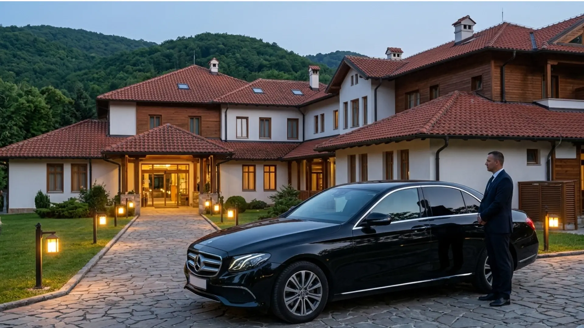 Private transfer Belgrade to Vrnjačka Banja — black Mercedes sedan at spa hotel entrance