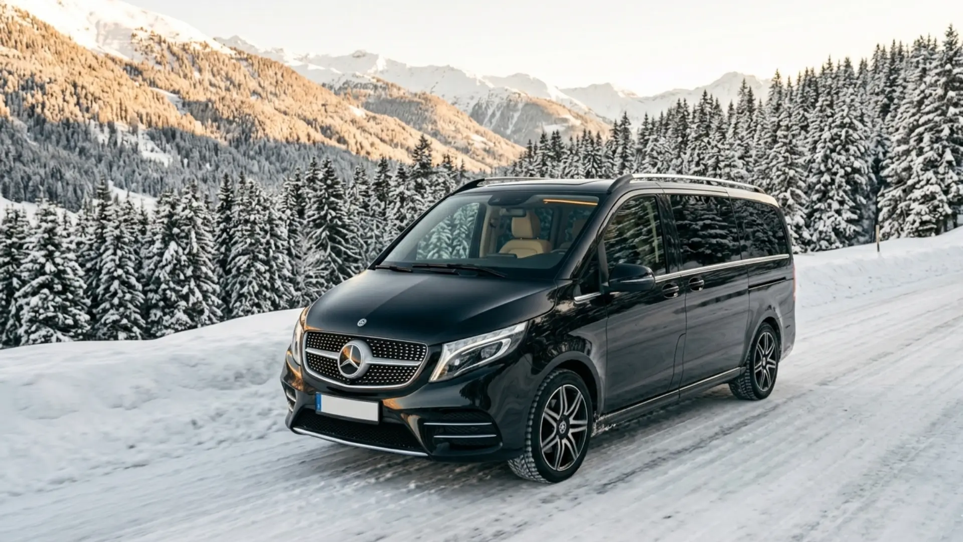 Трансфер Белград Дивчибаре - чёрный Mercedes V-Class на заснеженной горной дороге Маљен