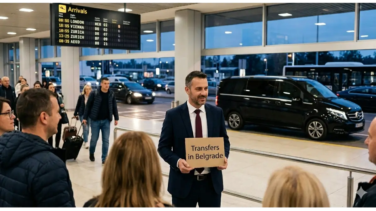Private transfer chauffeur meet and greet at Belgrade Nikola Tesla Airport arrivals hall — Transfers in Belgrade