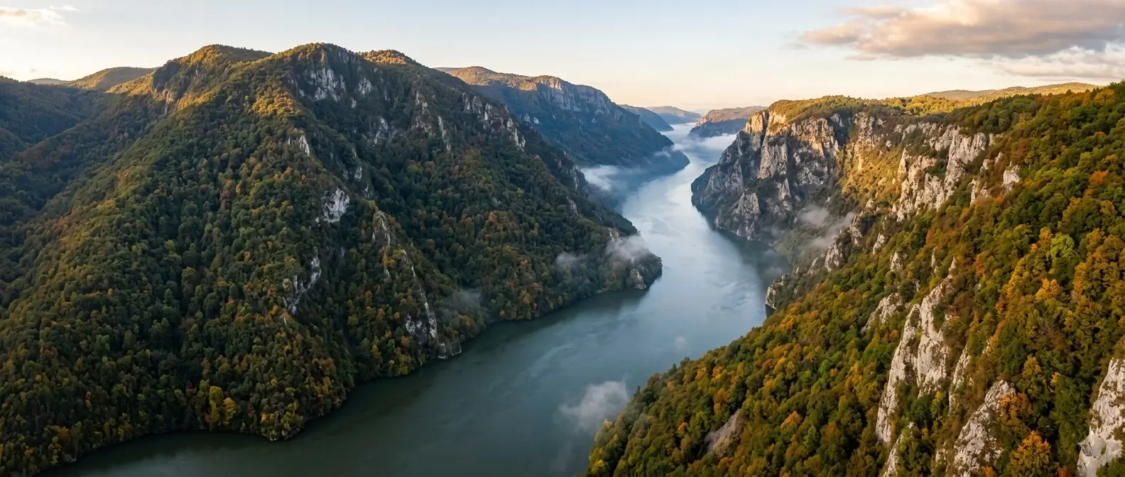 Djerdap Gorge panoramic view — the Danube River cuts through the deepest river gorge in Europe, Eastern Serbia