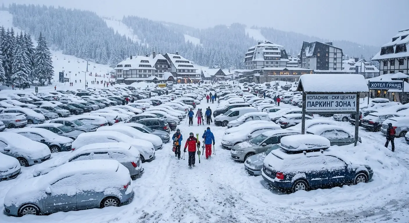 Crowded ski resort parking area in winter with snow-covered cars - Kopaonik Serbia