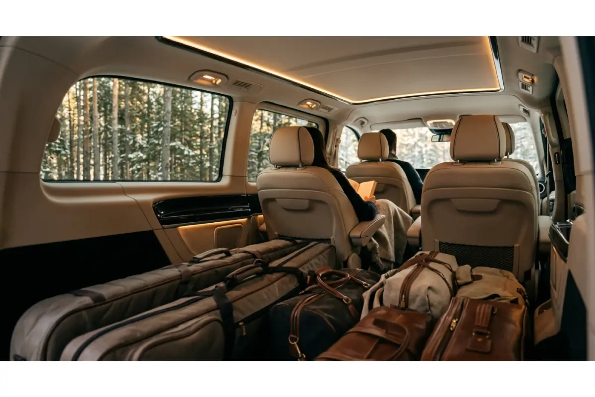 Mercedes V-Class interior — ski bags loaded, passengers relaxing on Belgrade to Zlatibor private transfer