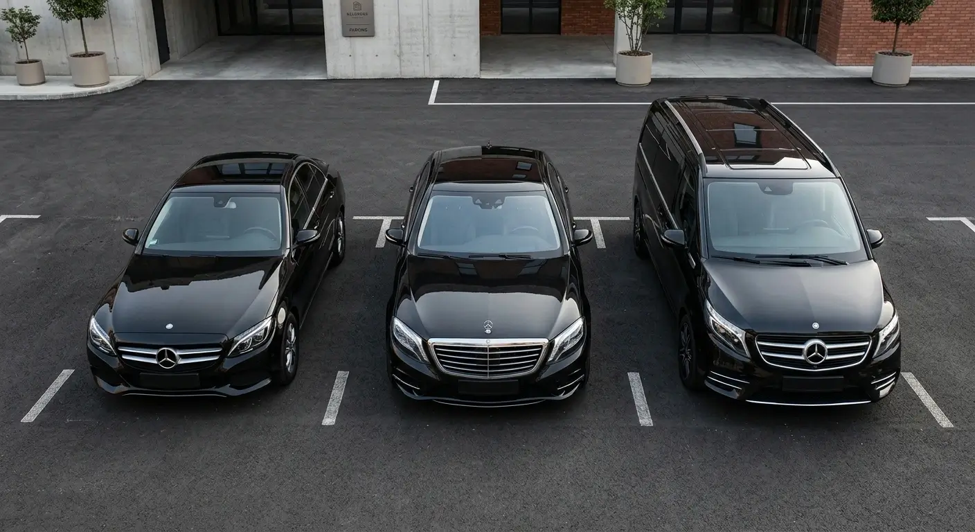 Mercedes vehicles — sedan, luxury sedan, and minivan