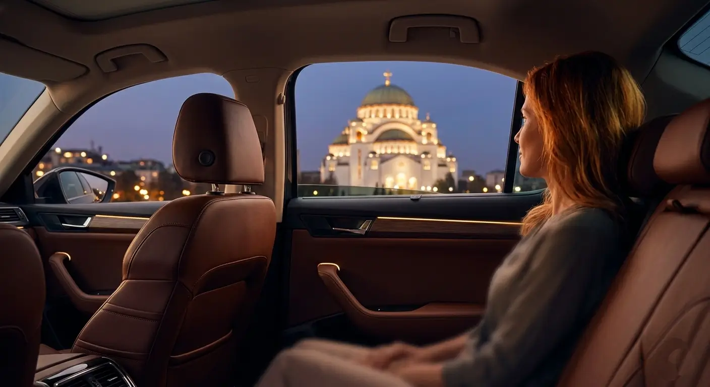 passenger looking out the window toward the Church of Saint Sava