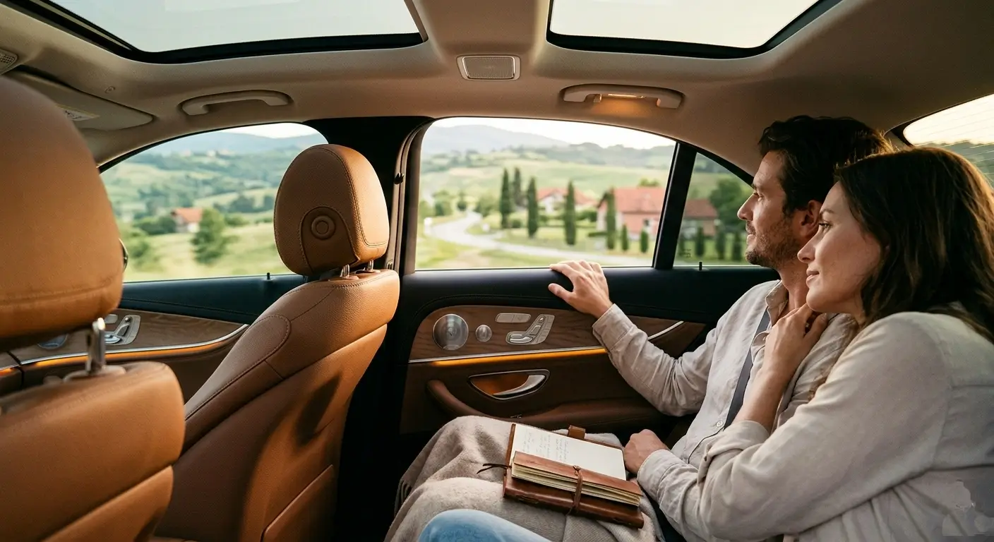 Private day tour from Belgrade — Mercedes chauffeur and passenger on Serbian countryside road