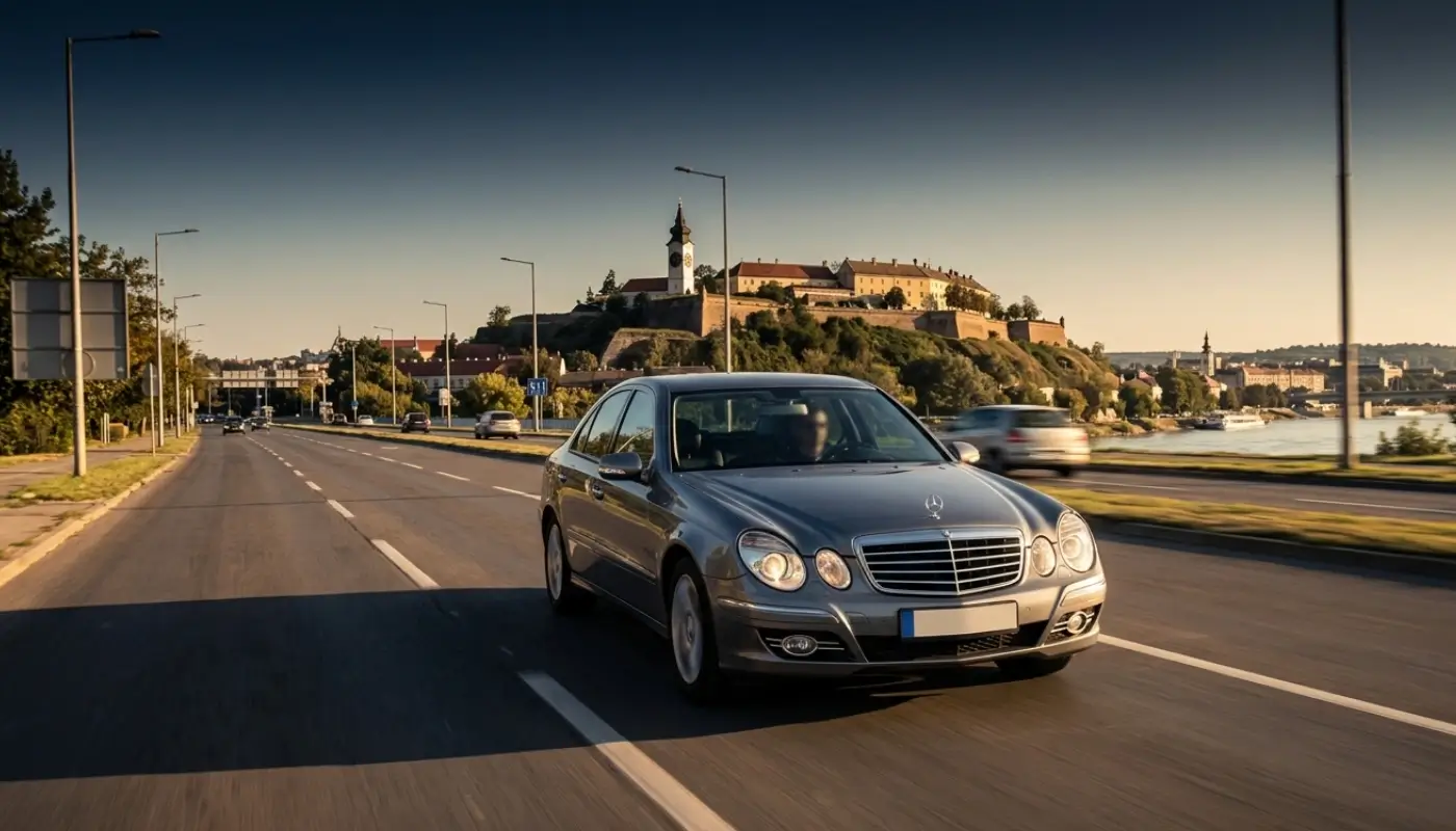Private day trip from Belgrade to Novi Sad — Mercedes on Petrovaradin Fortress overlooking the Danube