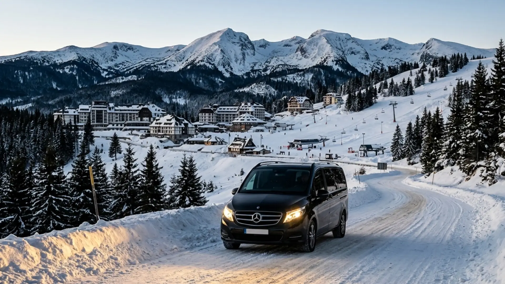 Belgrade ski resort transfer — Mercedes V-Class at Kopaonik ski centre entrance