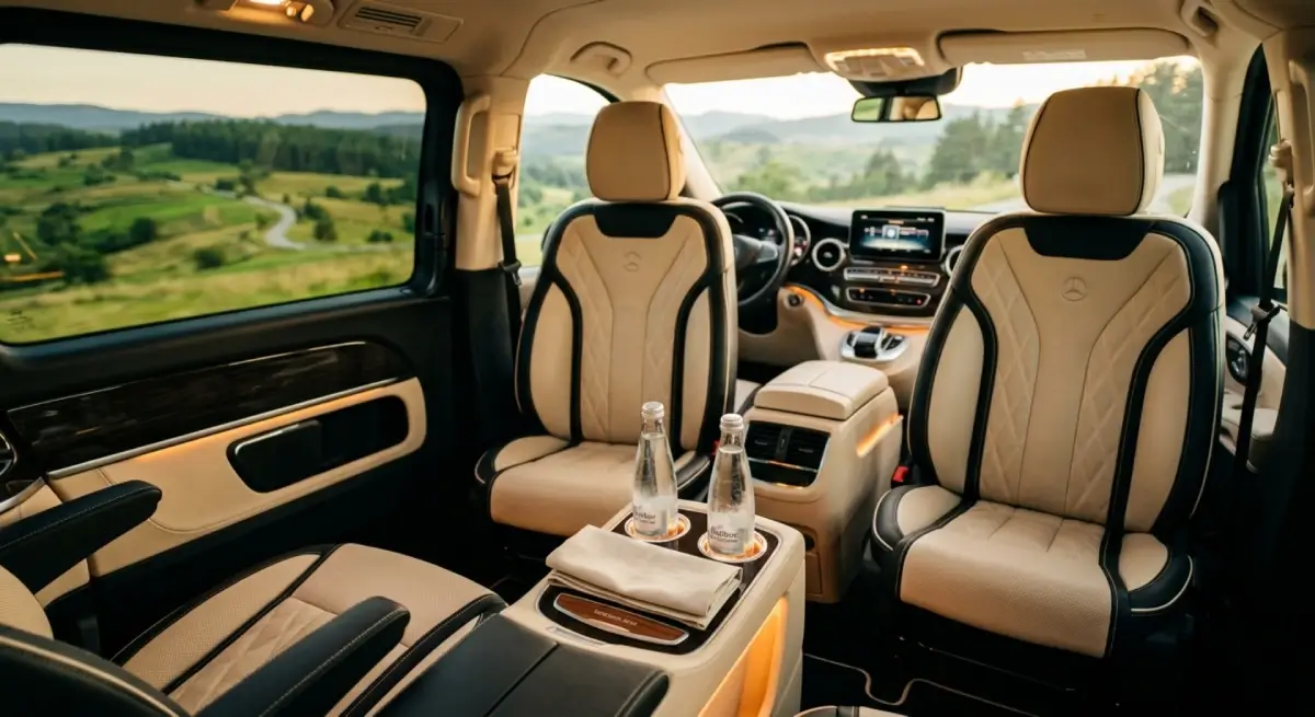 Spa transfer Serbia interior — Mercedes V-Class passenger cabin with bottled water and luxury amenities