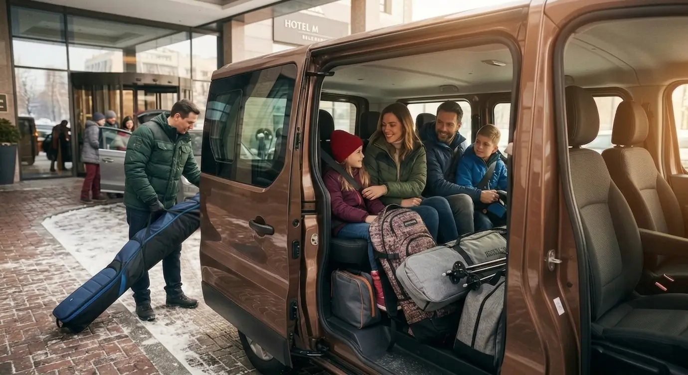 Standard van Reno traffic for ski transfer from Belgrade to Kopaonik — family loading ski bags